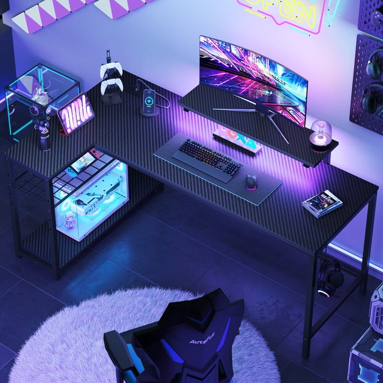 "Bestier 52"" L-Shaped Gamer Table with LED Lights, Power Outlet, Monitor Stand, PC Corner Desk in Carbon Fiber"