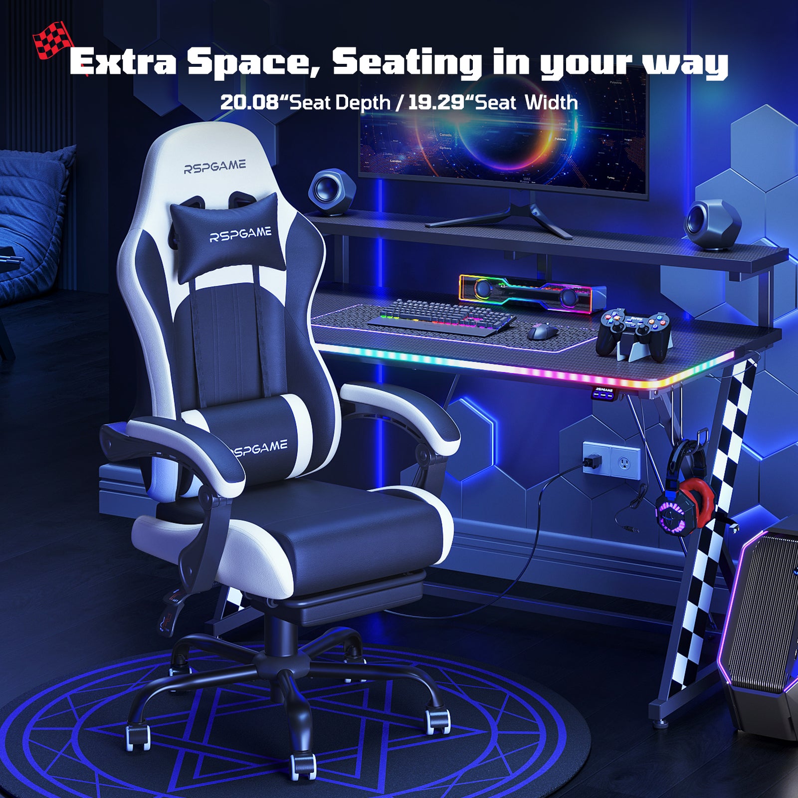 RSPGame Message Ergonomic Gaming Chairs for Adults,Pocket Spring Cushion,PU Leather Office Chairs with Lumbar Support and Retractable Footrest,Home and Office Computer Chairs-White Racing