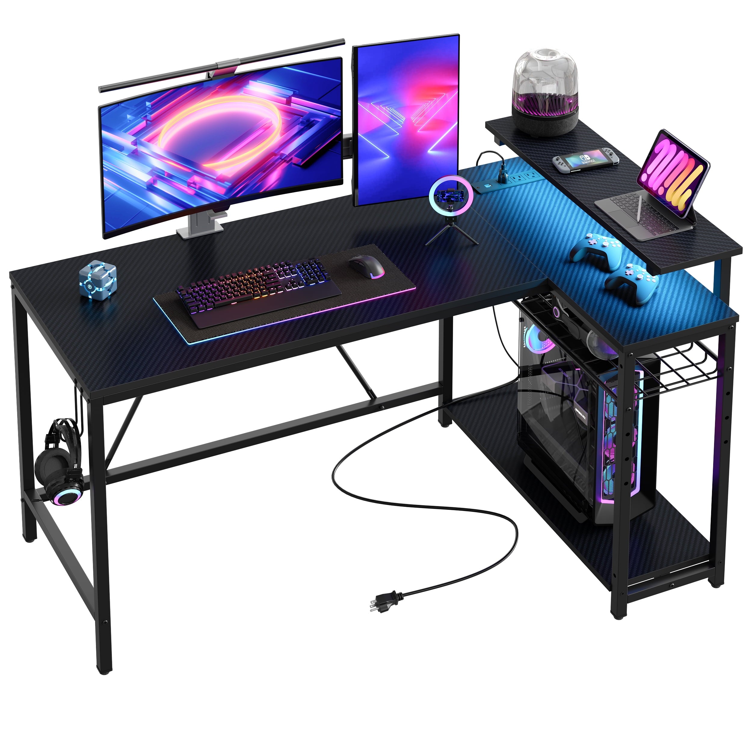 "Bestier 52"" L-Shaped Gamer Table with LED Lights, Power Outlet, Monitor Stand, PC Corner Desk in Carbon Fiber" - image 2