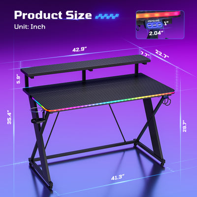 RSPGAME 43" Music Sync LED Gaming Desk,X-Shape Ergonomic Monitor Stand Gamer Table,PC Desk with Cup Holder and PS4/PS5/XBox Controller/Headset Hanger,Black Racing