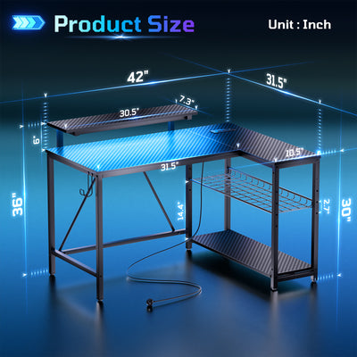 RSPGAME 42" Reversible L-Shaped Gaming Desk: Equipped with Power Outlets, LED Lights, Adjustable Shelves & Hooks for Small Spaces ,Bedrooms & Offices, Carbon Fiber Black