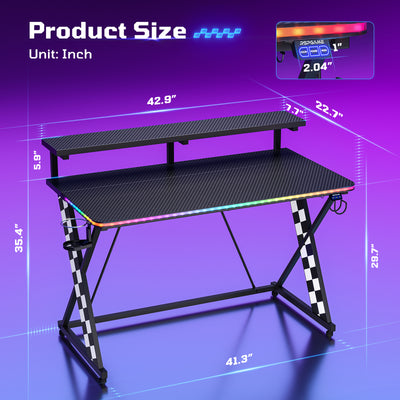 RSPGAME 43" Music Sync Light Gaming Desk PC Computer Black Office Gamer Table Desk with LED Lights & Monitor Stand, White Racing