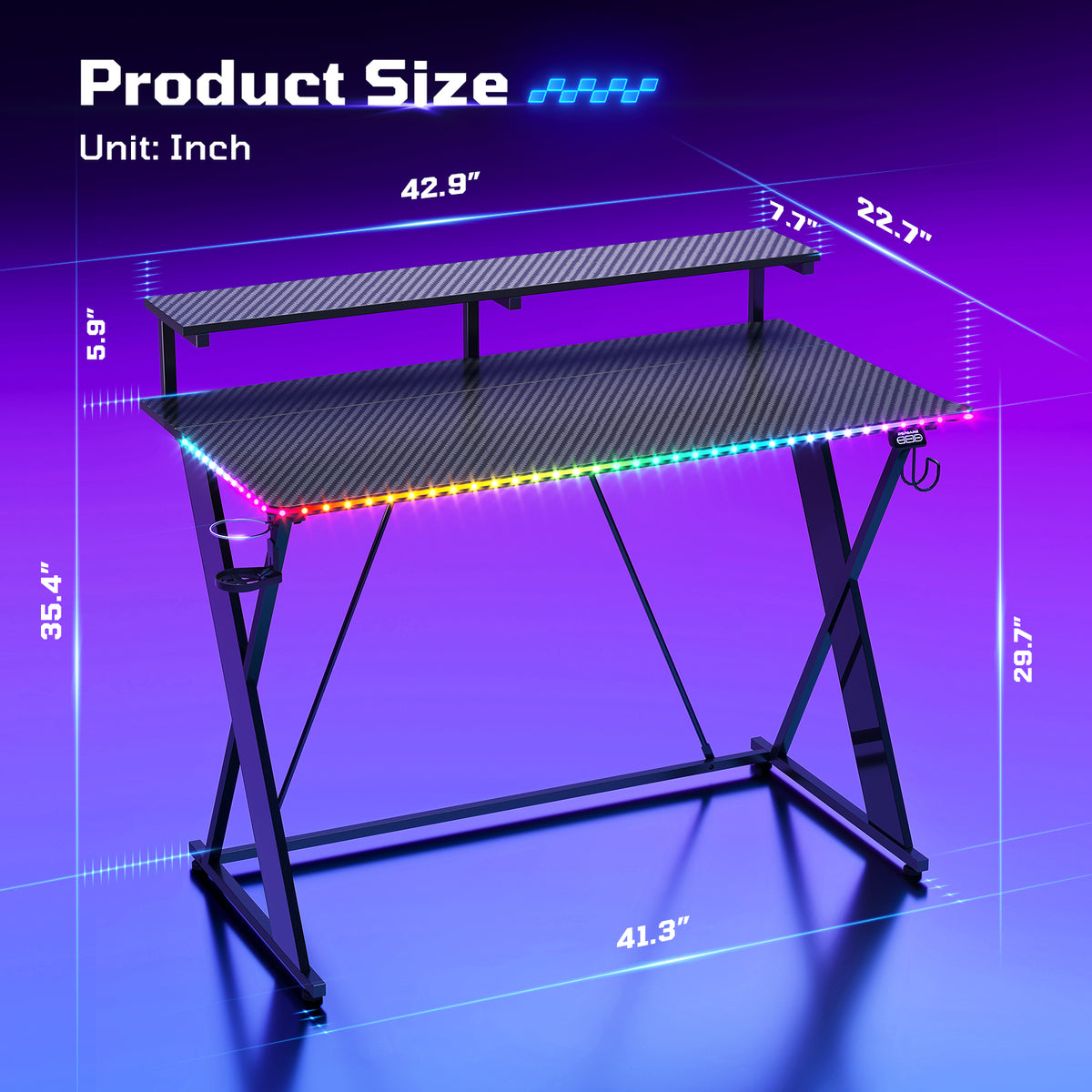 RSPGAME 43" Music Sync LED Gaming Desk,X-Shape Ergonomic Monitor Stand Gamer Table,PC Desk with Dynamic Lighting,Color Changing Office Desks,Black Racing