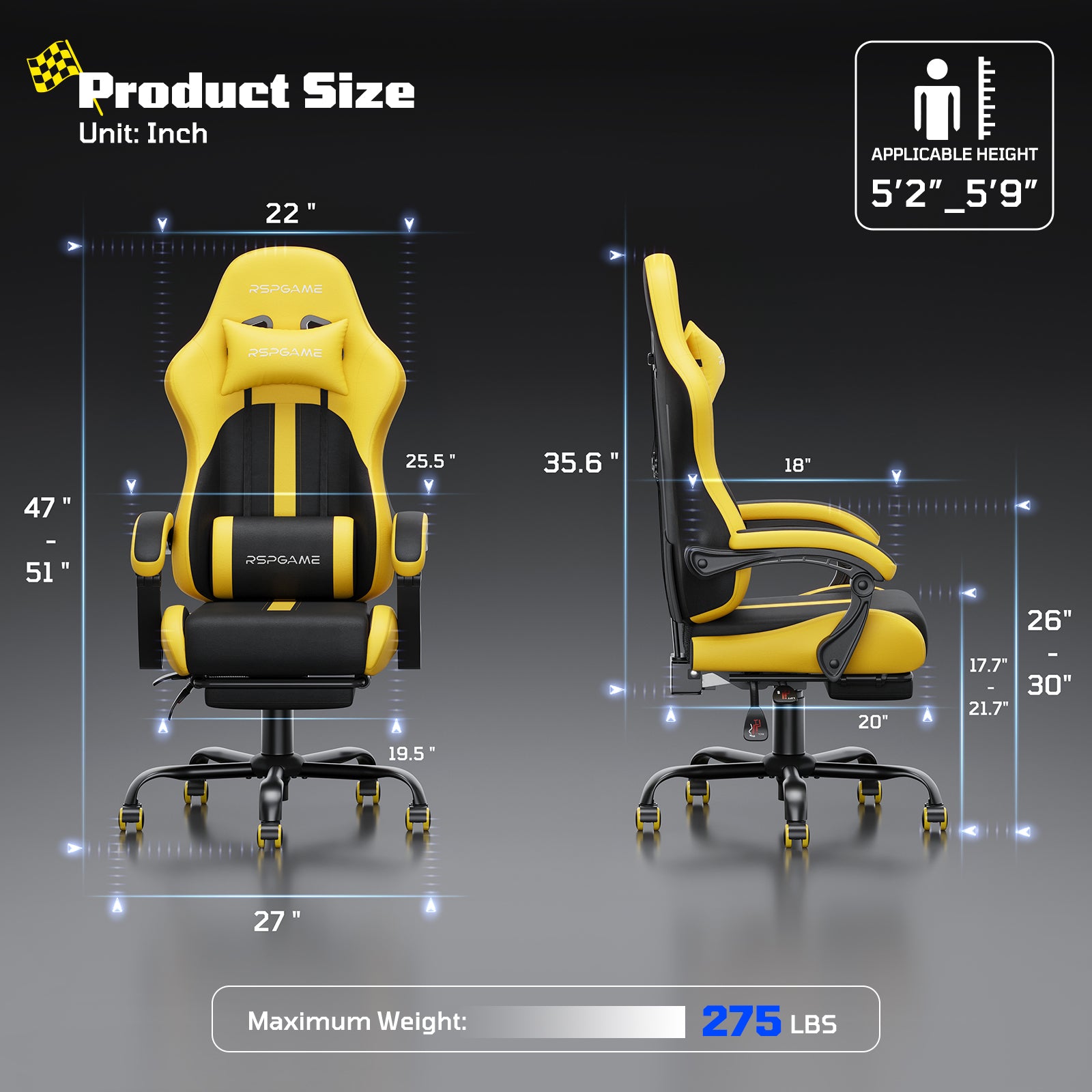 RSPGAME Ergonomic Gaming Chair For Adults,PU Leather Office Chairs with Lumbar Support and Retractable Footrest,Home and Office Computer Chairs-Yellow Racing