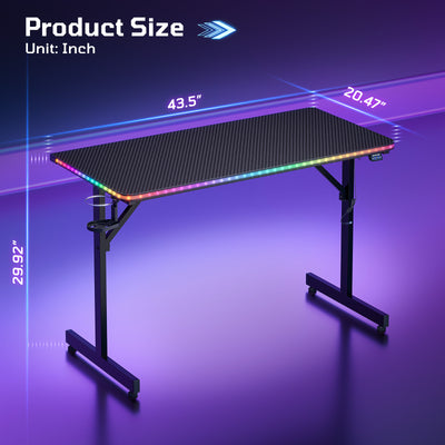 RSPGAME 43.5" Music Sync Gaming Desk, Ergonomic Gamer Table, ,T-Shape PC Computer Desk with RGB Lighting, Carbon Fiber Black