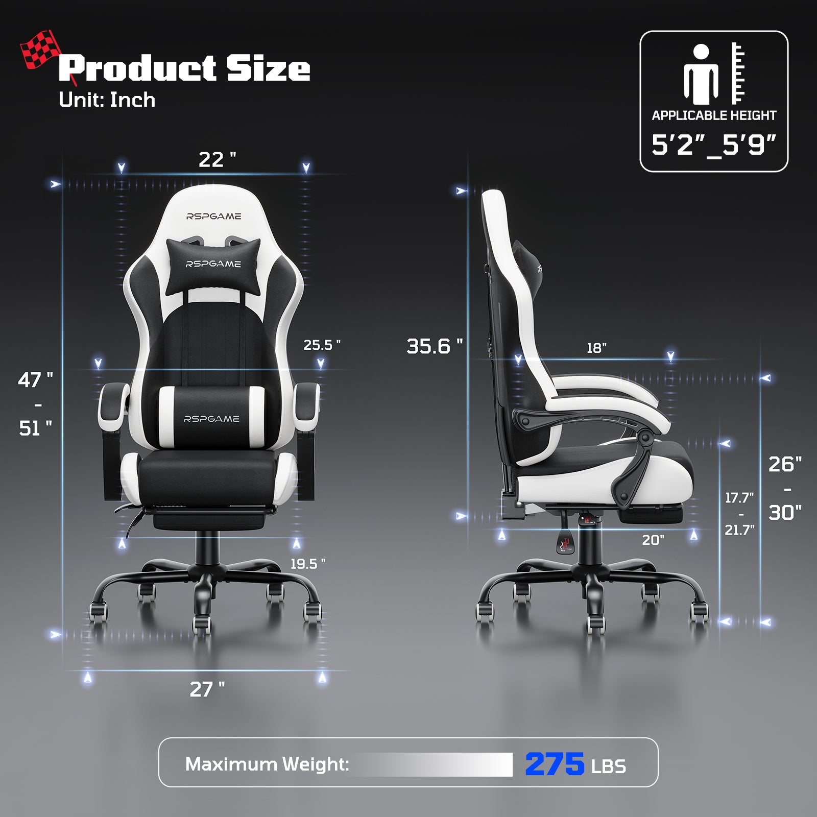RSPGame Ergonomic Gaming Chairs for Adults,Pocket Spring Cushion,PU Leather Office Chairs with Lumbar Support and Retractable Footrest,Home and Office Computer Chairs-White Racing