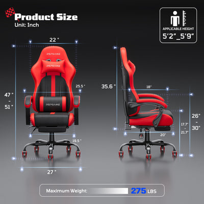 RSPGame Ergonomic Gaming Chairs for Adults,Pocket Spring Cushion,PU Leather Office Chairs with Lumbar Support and Retractable Footrest,Home and Office Computer Chairs-Red Racing