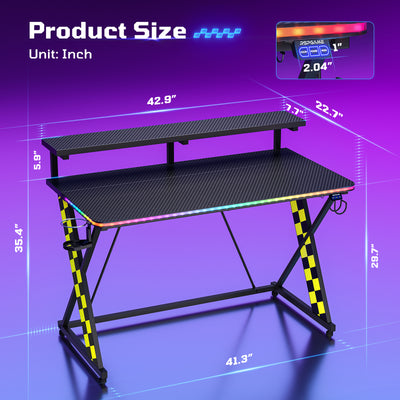 RSPGAME 43" Music Sync Light Gaming Desk PC Computer Black Office Gamer Table Desk with LED Lights & Monitor Stand, Yellow Racing