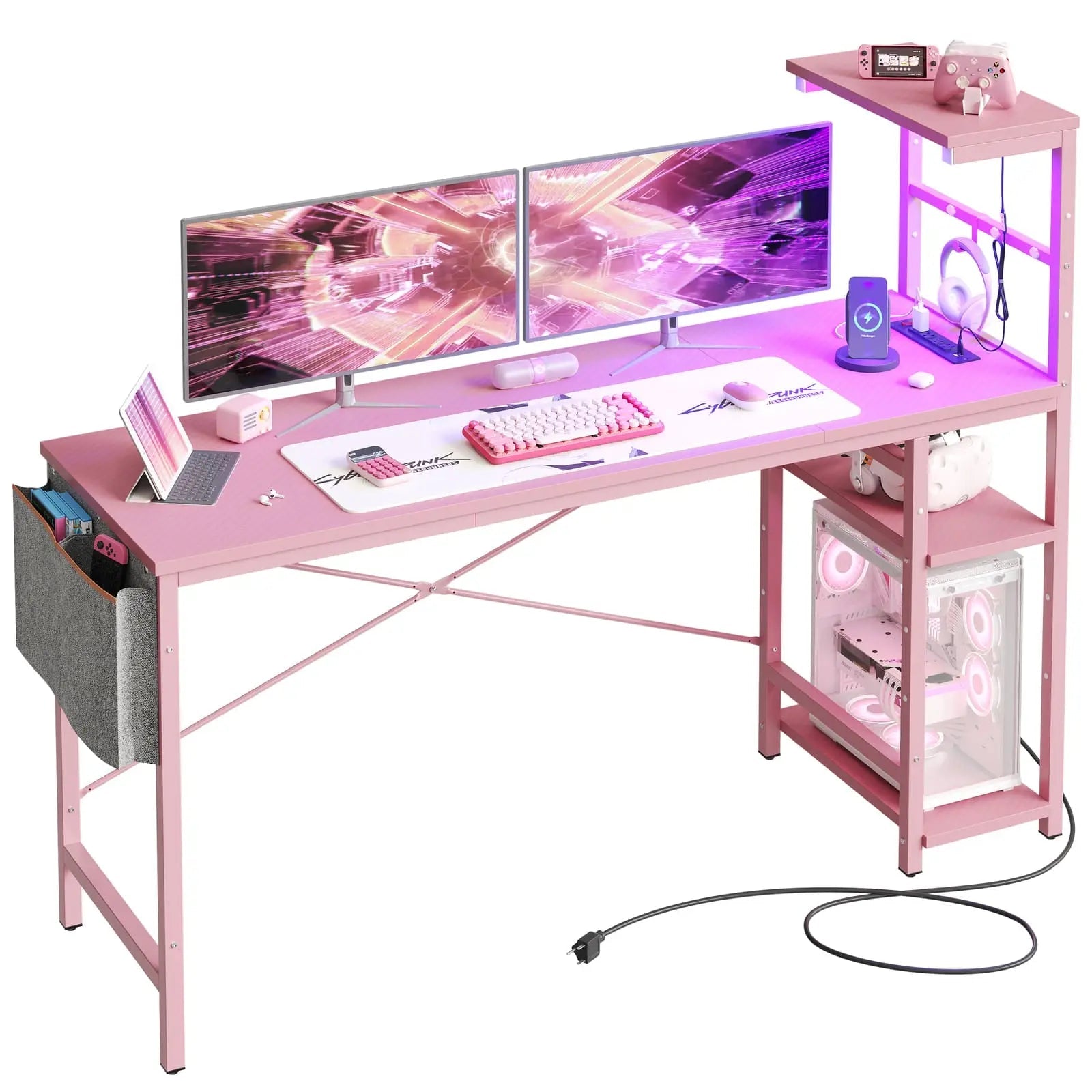 Bestier, Gaming Desk, 42 inch, Pink, LED Lights and Power Outlet