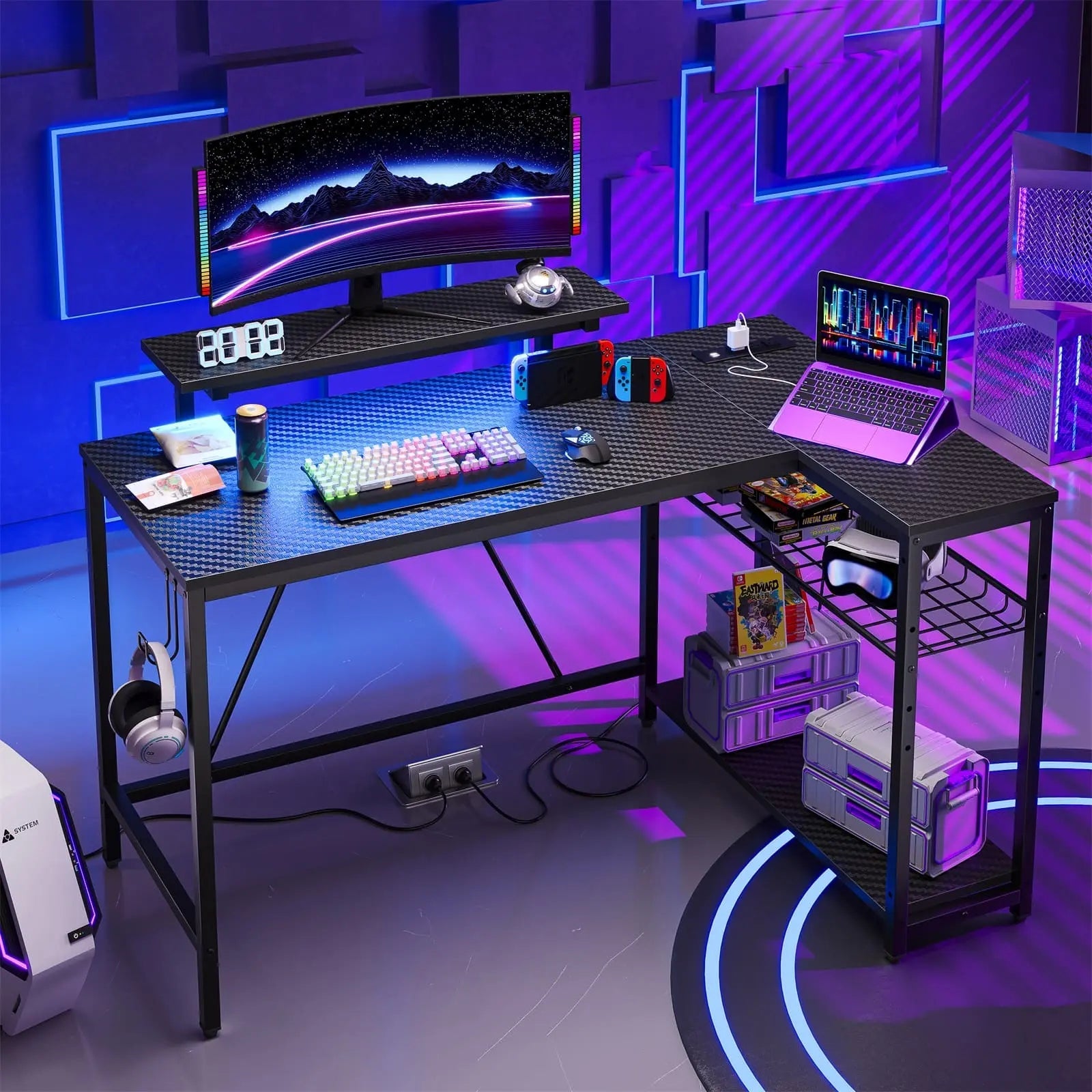 Bestier 48" L Shaped Gaming Desk with LED Lights & Power Outlets, Computer Desk with Monitor Stand, Carbon Fiber