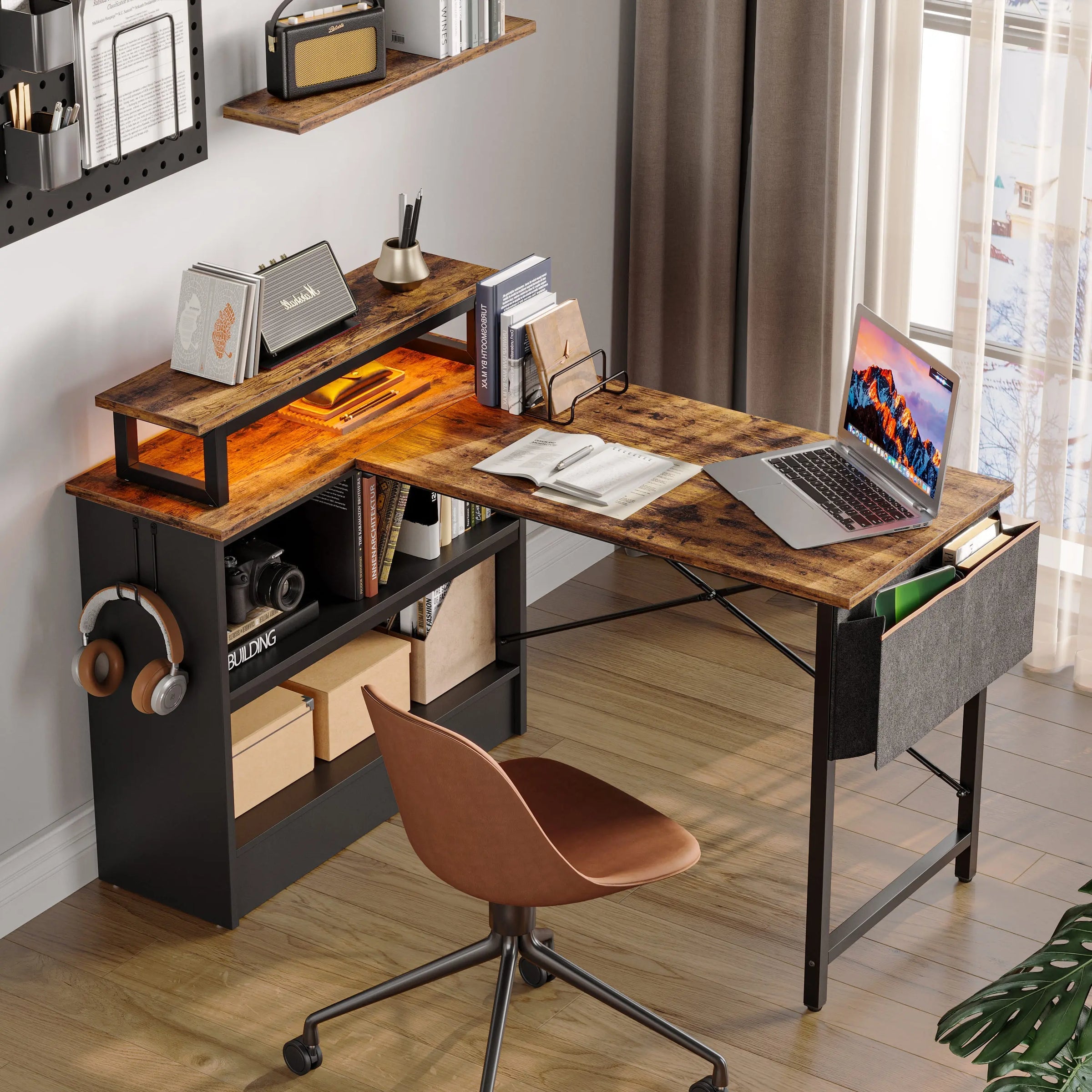 Bestier 42" L Shaped Computer Desk with Power Outlets, Home Office Desk with LED Lights & Monitor Stand, Reversible Shelves,…