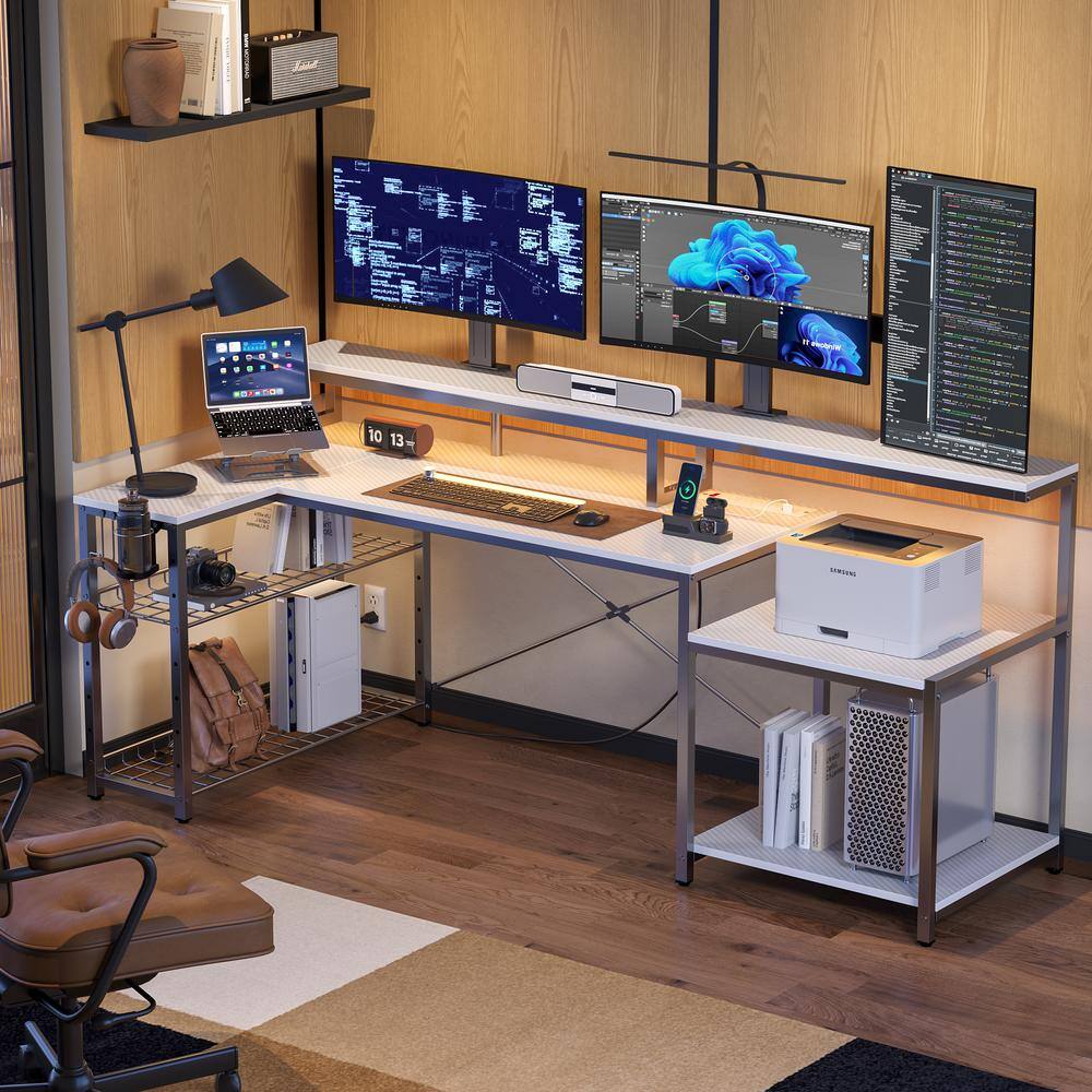 Bestier 42" L Shaped Computer Desk with Power Outlets, Home Office Desk with LED Lights & Monitor Stand, Reversible Shelves,…